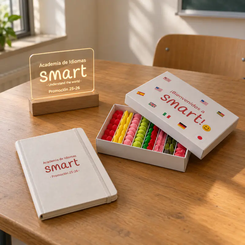 Notizbuch, Leuchtschild und Süßigkeitenbox zur Begrüßung im Smart-Branding