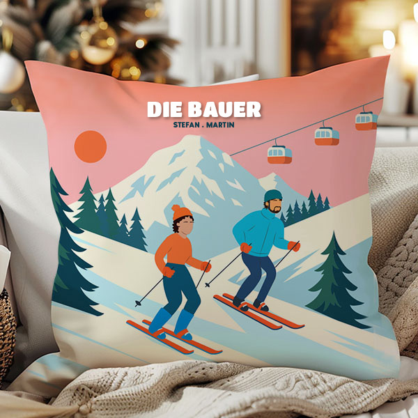 Kissen Skifahren in den Bergen mit Namen und personalisiertem Text