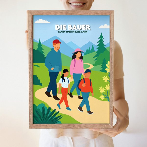 Poster Familie in den Bergen mit Namen und personalisiertem Text