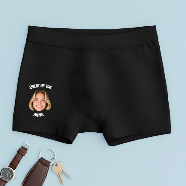 Boxershorts „Eigentum meiner Lieblingsperson“ mit personalisiertem Foto und Namen