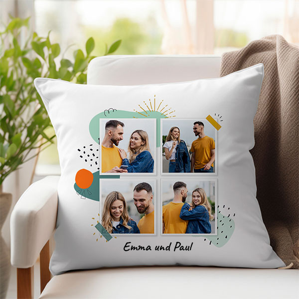 Polaroid-Kissen mit vier Fotos und personalisiertem Text