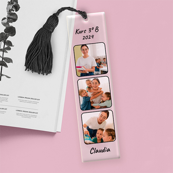 Lesezeichen mit drei Fotos und personalisiertem Text