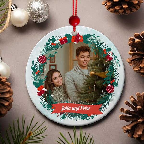 Set Weihnachtsbaum-Anhänger mit Girlande mit personalisiertem Foto und Text