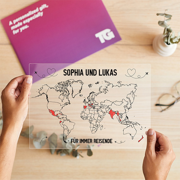 Reisetafel mit Stift und personalisierten Texten