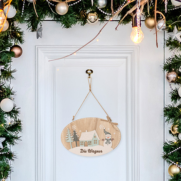 Holz-Türdekoration Schneemann mit personalisiertem Text