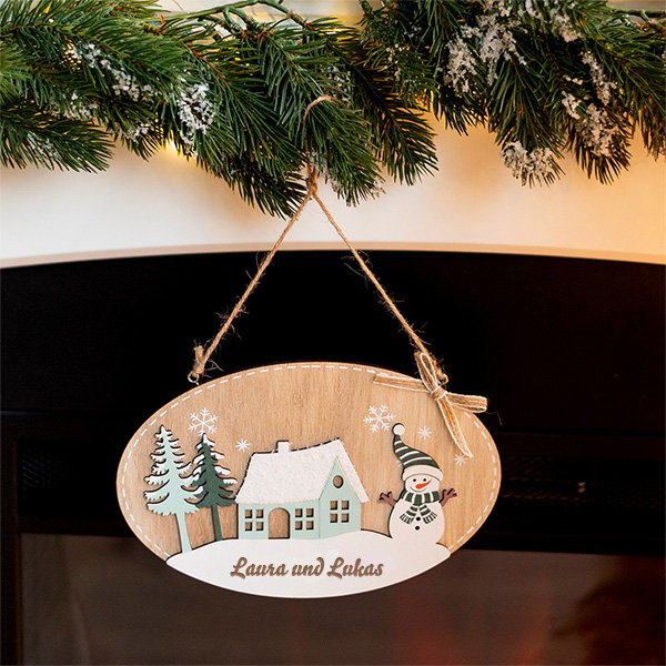 Holz-Türdekoration Schneemann mit personalisiertem Text