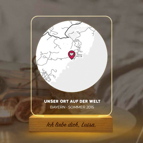 Personalisierte Lampe mit Liebeskarte mit Standort und Texten