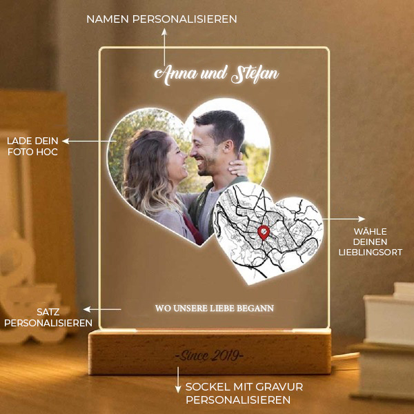 Personalisierte Lampe mit Herzen und Liebeskarte