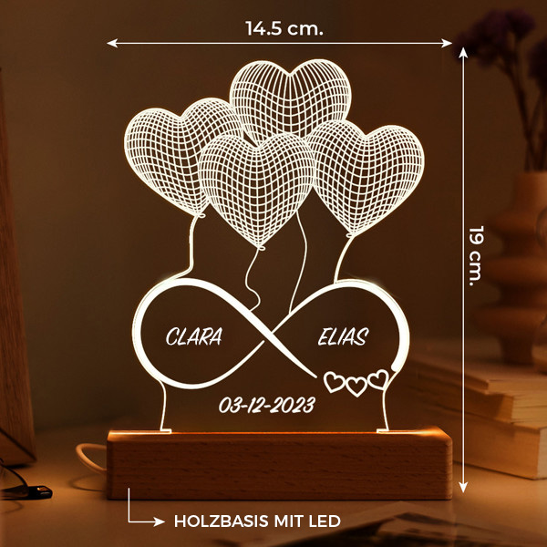 Infinity-Lampe Herzen mit Namen und personalisiertem Datum