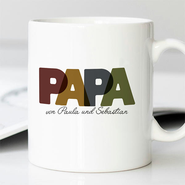 Papa Tasse mit bunten Buchstaben und Namen personalisiert
