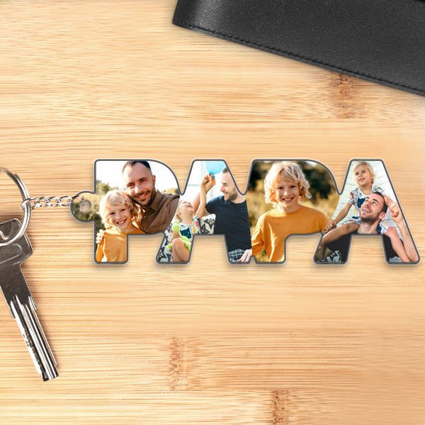 Schlüsselanhänger mit Fotos in den Buchstaben Papa personalisiert