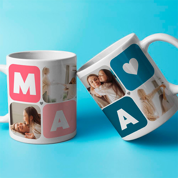 Personalisierte Mama-Tasse Würfel Herz mit fünf Fotos