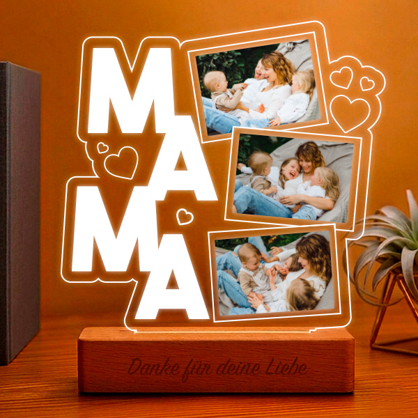 Lampe für Mama mit Herzen und Drei personalisierten Fotos