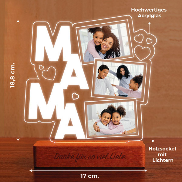 Lampe für Mama mit Herzen und Drei personalisierten Fotos