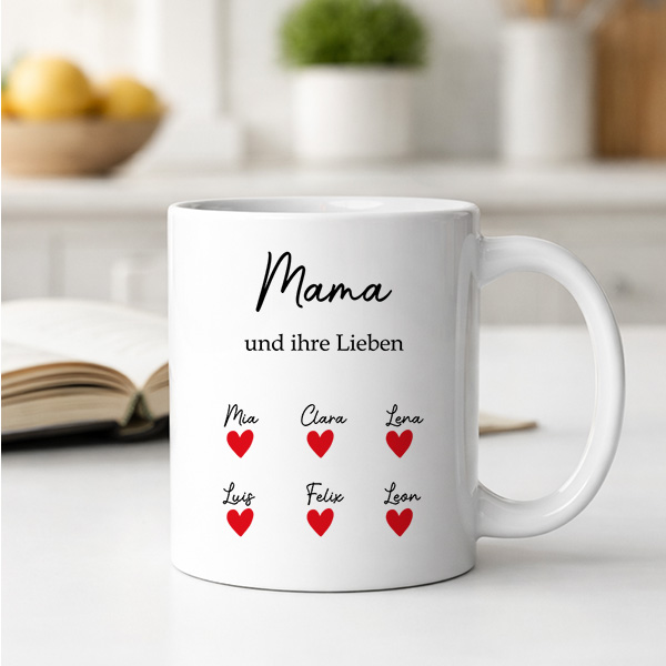 Tasse mit Text, Herzen und personalisierten Namen