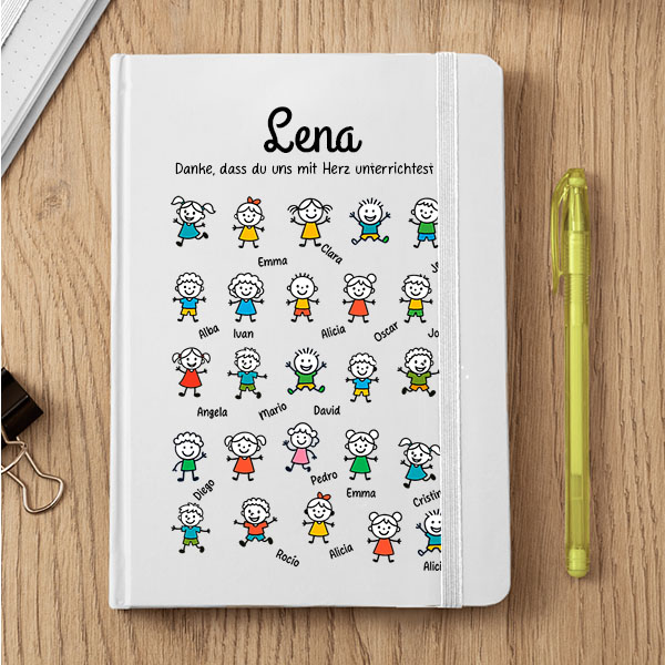 Notizbuch mit Figürchen und personalisierten Namen