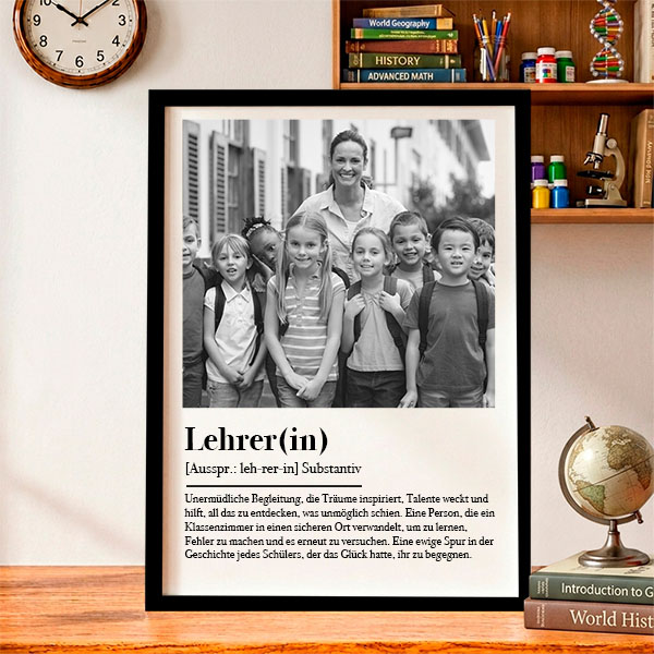 Schwarz-Weiß-Poster mit Lehrerdefinition und personalisierten Fotos