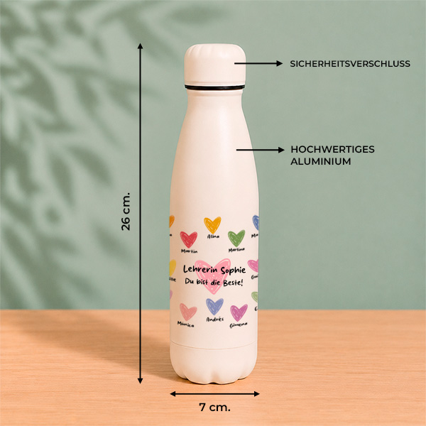 Flasche für Lehrkräfte mit personalisierten Herzen und Namen