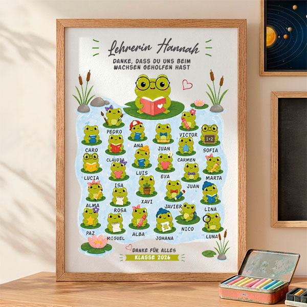 Poster für Lehrkräfte mit Fröschchen und personalisierten Namen
