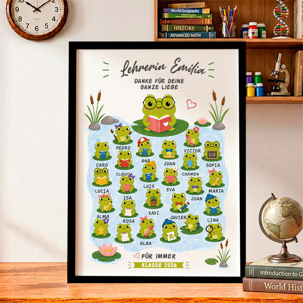 Poster für Lehrkräfte mit Fröschchen und personalisierten Namen