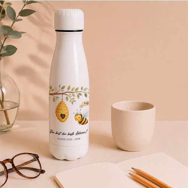 Flasche für Lehrkräfte mit Bienchen und personalisierten Namen