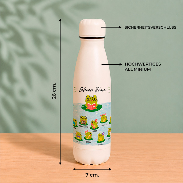 Flasche für Lehrkräfte mit Fröschchen und personalisierten Namen