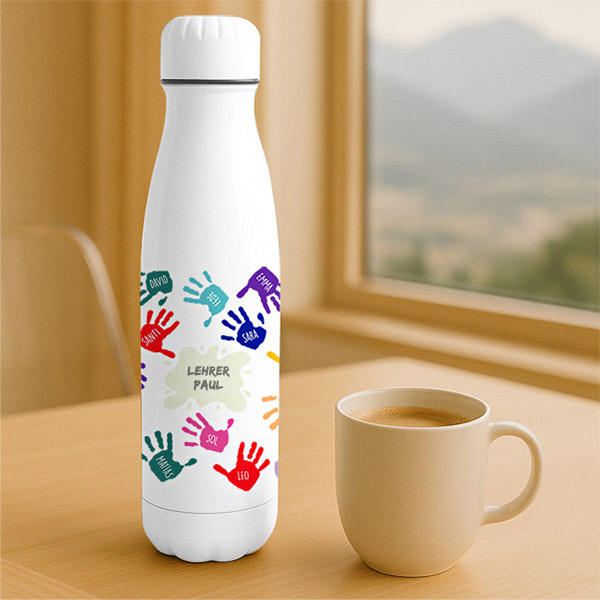 Flasche Bunte Hände mit Namen und personalisiertem Text