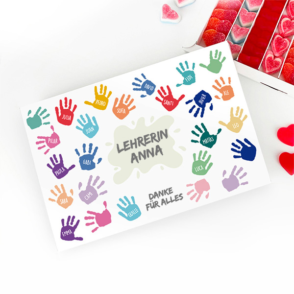 Personalisierte Süßigkeitenbox Bunte Hände mit Namen und Text
