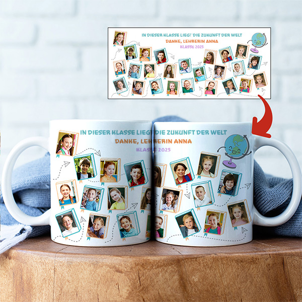 Personalisierte Tasse mit Schülerfotos und Text