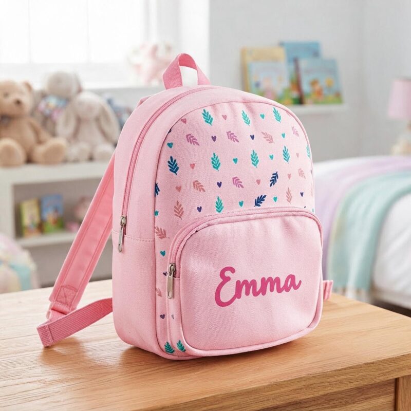 Rosa Kinderrucksack mit Blättern und personalisiertem Namen