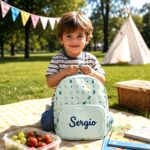 Miniaturansicht von Grüner Kinderrucksack mit Blättern und personalisiertem Namen