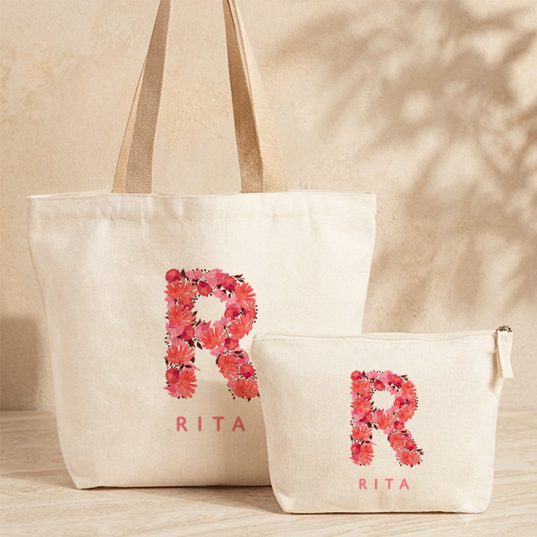 Personalisierte Tote Bag mit Blumeninitiale und Namen