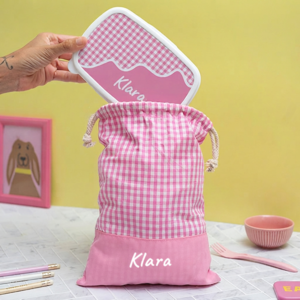 Personalisierter Kinder-Snackbeutel mit rosa Karomuster