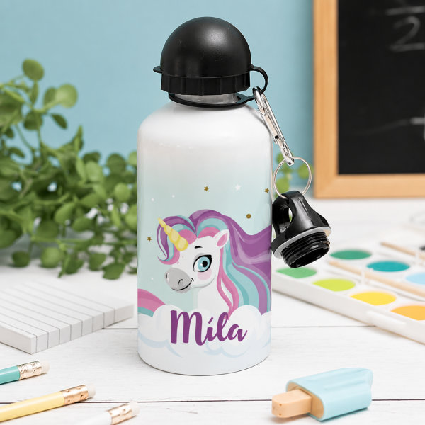 Personalisierte Kinderflasche mit bunten Einhörnern