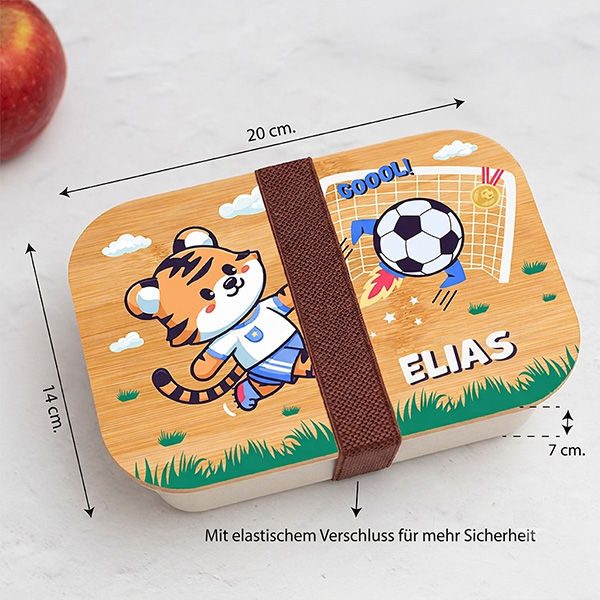 Personalisierte Kinder-Brotdose mit Bambusdeckel und Fußballmotiv