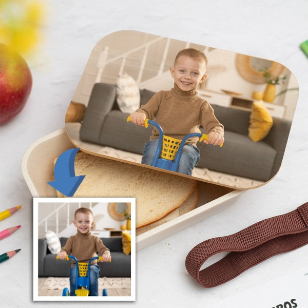 Personalisierte Kinder-Brotdose mit Bambusdeckel und Foto