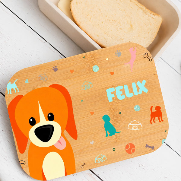 Personalisierte Kinder-Brotdose mit Bambusdeckel und bunten Tieren