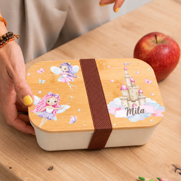 Personalisierte Kinder-Brotdose mit Bambusdeckel und Feen