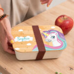 Miniaturansicht von Personalisierte Kinder-Brotdose mit Bambusdeckel und bunten Einhörnern