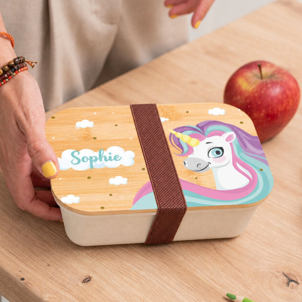 Personalisierte Kinder-Brotdose mit Bambusdeckel und bunten Einhörnern