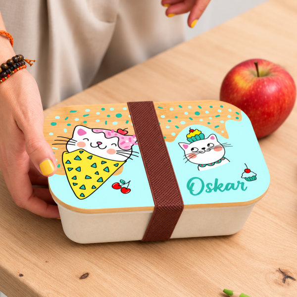 Personalisierte Kinder-Brotdose mit Bambusdeckel und Kätzchen