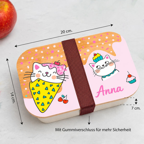 Personalisierte Kinder-Brotdose mit Bambusdeckel und Kätzchen