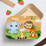 Miniaturansicht von Personalisierte Kinder-Brotdose mit Bambusdeckel und Dschungeltieren