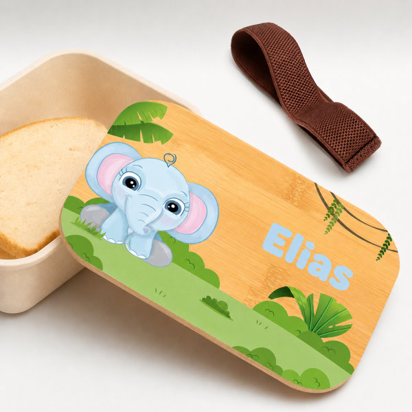 Personalisierte Kinder-Brotdose mit Bambusdeckel und Dschungeltieren
