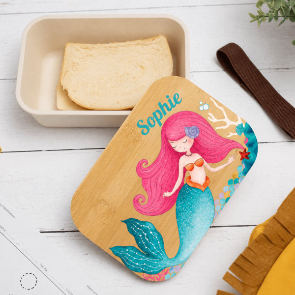 Personalisierte Kinder-Brotdose mit Bambusdeckel und Meerjungfrau