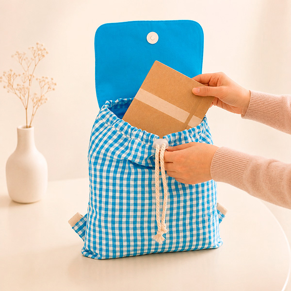 Personalisierter Kinder-Turnbeutel mit blauem Karomuster