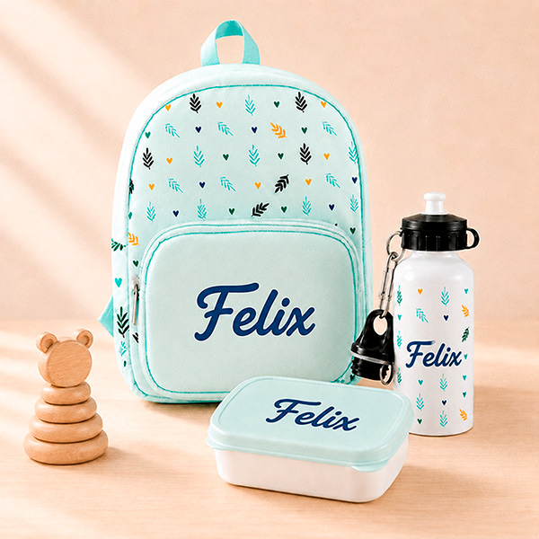 Grünes Kinder-Schulset mit Blättern und personalisiertem Namen