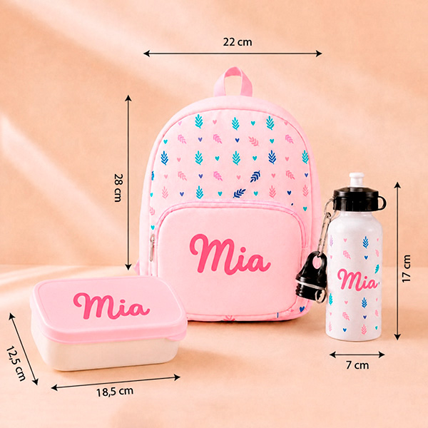 Rosa Kinder-Schulset mit Blättern und personalisiertem Namen