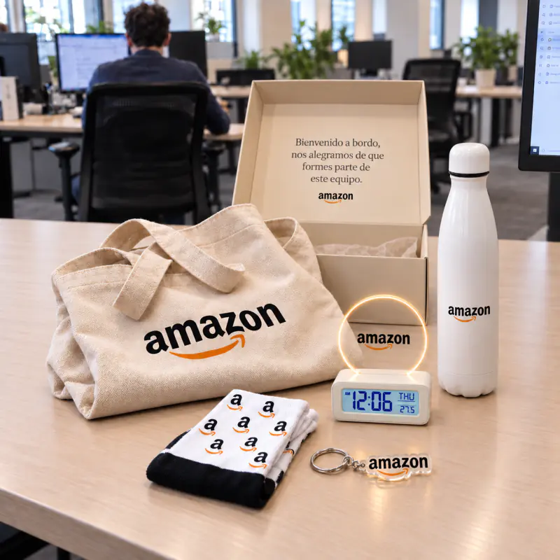 Pack de bienvenida con bolsa, botella, calcetines y detalles con la marca Amazon