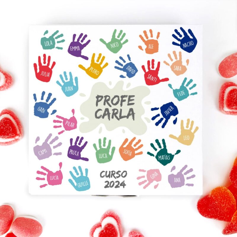 Caja de Dulces Pequeña Manos de Colores con Nombres y Texto personalizada Caja de Dulces Pequeña Manos de Colores con Nombres y Texto personalizada